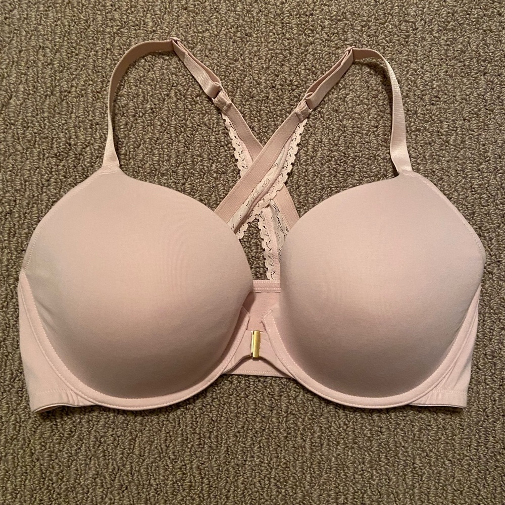 Cacique 42F Boost Plunge Racer Back Front Closure Light Pink Lace-Back Bra